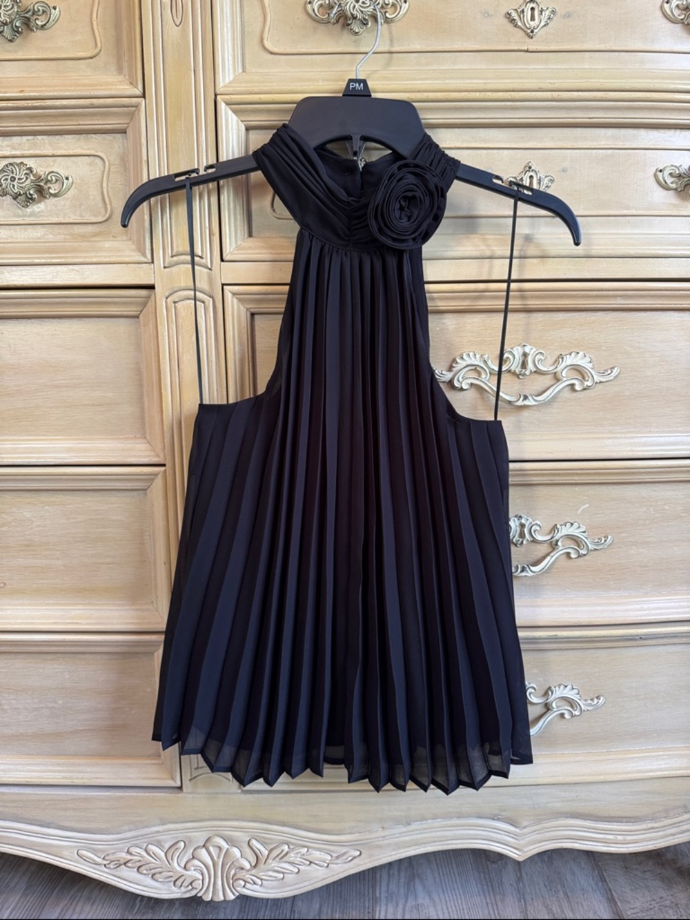 Black Pleated Halter top with Rosette Detail